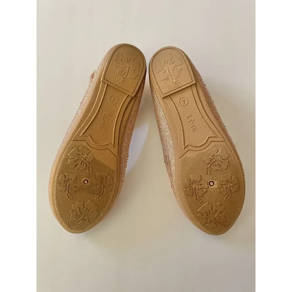 Link Comfort Rose Gold Sparkle Bejeweled Ankle Strap Ballet Flat Shoes Size 4